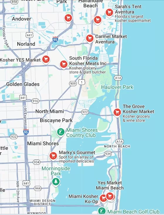 A map showing kosher supermarkets in Miami, Florida. 