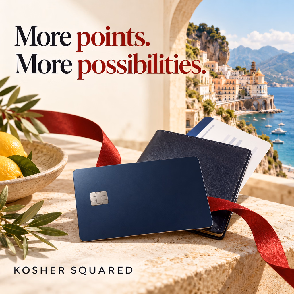 Unbranded credit card beside a passport overlooking a Mediterranean coast, with the words “More points. More possibilities.”